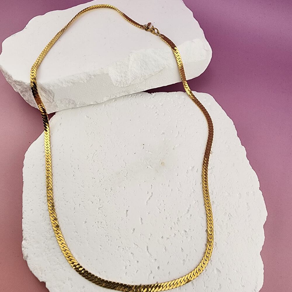 Monet Gold Tone Herringbone Chain Necklace Flat Layering Classic Retro Jewelry